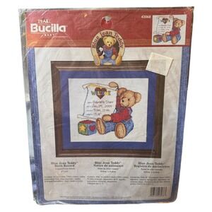 Bucilla Blue Jean Teddy Birth Record 9 x 8.5 Counted Cross Stitch Kit 43068 New